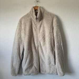 Uniqlo Jacket Womens Sz Large Beige Cream Sherpa Fleece Full Zipper Mock Collar‎
